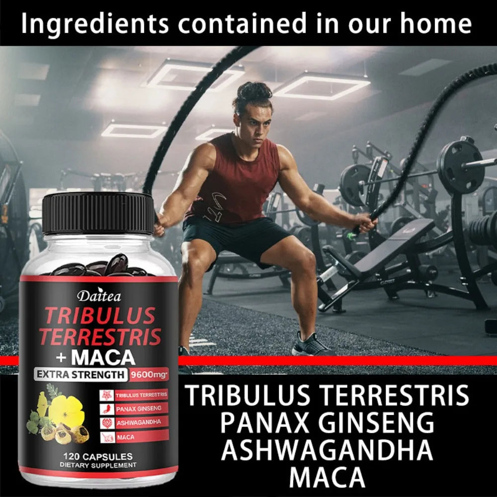 Premium Tribulus Terrestris + Maca, with Ashwagndha, Panax Ginseng, Boost Energy, Mood, Stamina & Performance, for Men & Women
