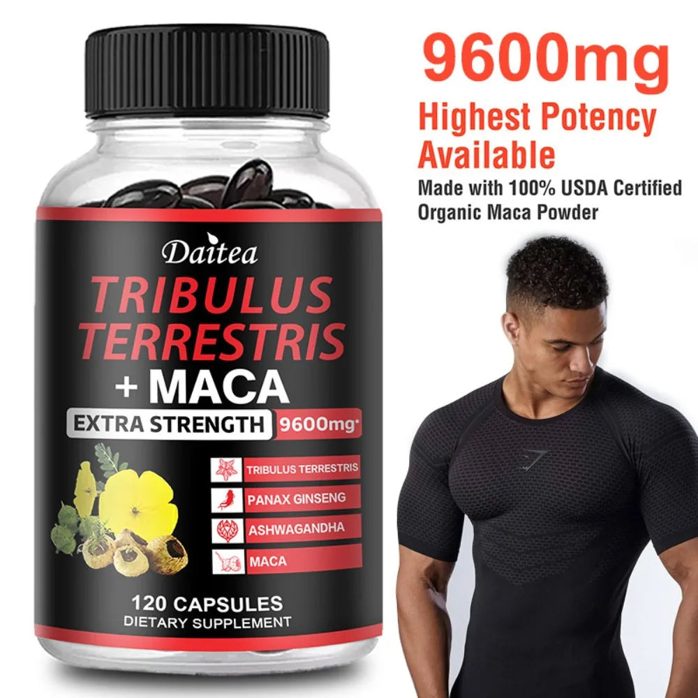 Premium Tribulus Terrestris + Maca, with Ashwagndha, Panax Ginseng, Boost Energy, Mood, Stamina & Performance, for Men & Women