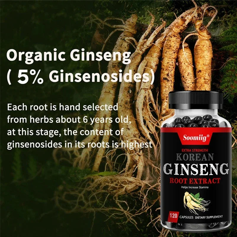 Strong Korean Ginseng 120 Vegetarian Capsules Energy, Stamina & Focus + Memory & Mental Performance for Men and Women