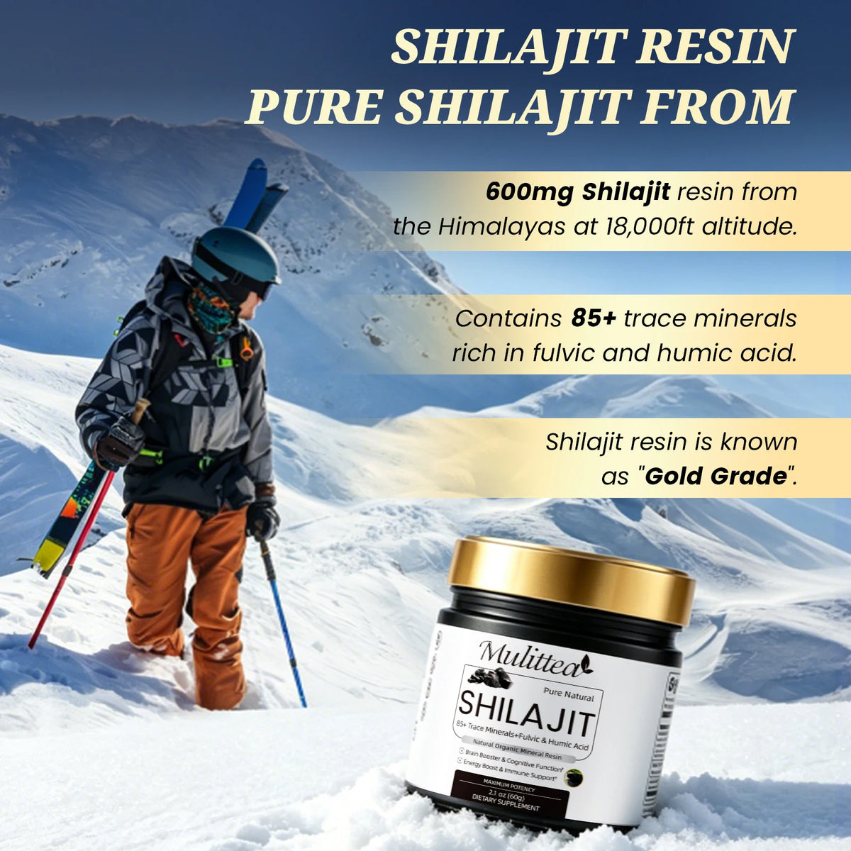 Mulittea High Purity Original Shilajit Mineral Supplements with 85+ Trace Minerals & Fulvic Acid for Man Energy Stamina