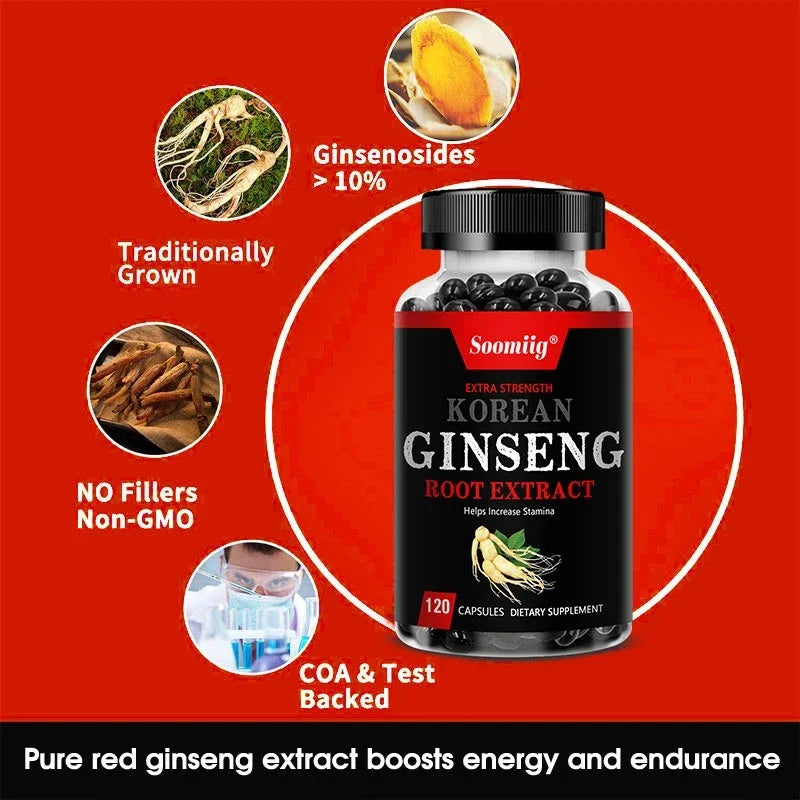 Strong Korean Ginseng 120 Vegetarian Capsules Energy, Stamina & Focus + Memory & Mental Performance for Men and Women