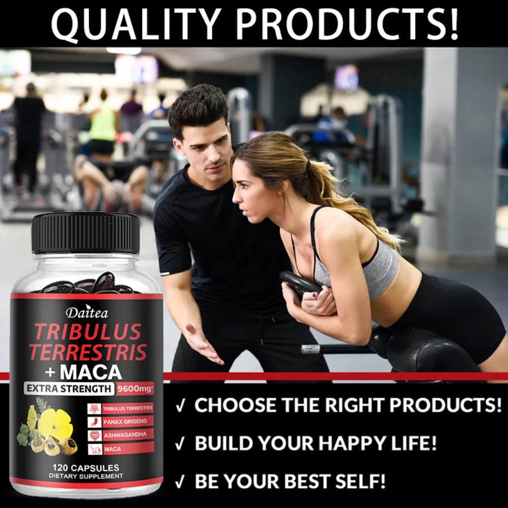 Premium Tribulus Terrestris + Maca, with Ashwagndha, Panax Ginseng, Boost Energy, Mood, Stamina & Performance, for Men & Women