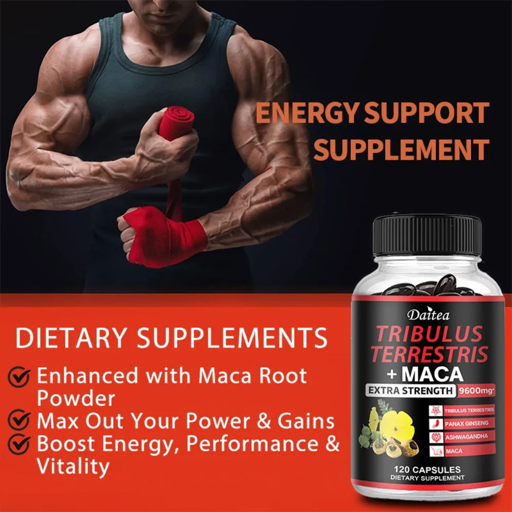 Premium Tribulus Terrestris + Maca, with Ashwagndha, Panax Ginseng, Boost Energy, Mood, Stamina & Performance, for Men & Women