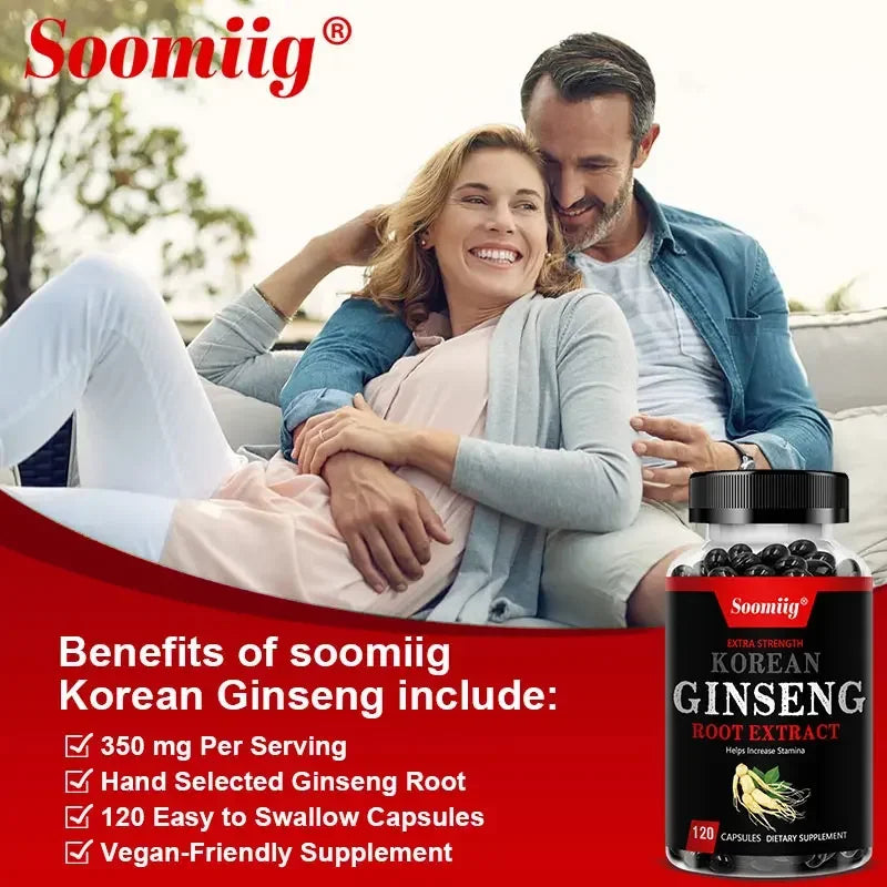 Strong Korean Ginseng 120 Vegetarian Capsules Energy, Stamina & Focus + Memory & Mental Performance for Men and Women