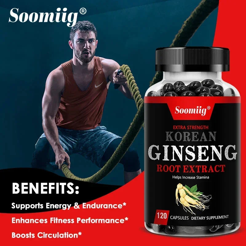 Strong Korean Ginseng 120 Vegetarian Capsules Energy, Stamina & Focus + Memory & Mental Performance for Men and Women