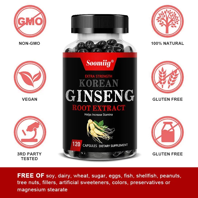 Strong Korean Ginseng 120 Vegetarian Capsules Energy, Stamina & Focus + Memory & Mental Performance for Men and Women